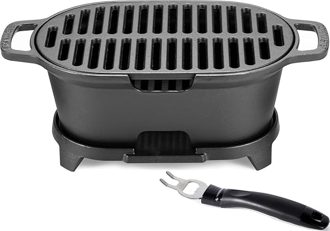 IRONMAX Mini Hibachi Grill Outdoor, Portable Small Charcoal Grill and Tabletop Cast Iron Skillet, 100% Cast Iron, Durable, Camping BBQ Grill Grate 11" x 6.7" for 2 People
