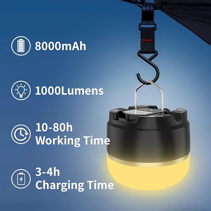 LED Camping Lantern Rechargeable, 1000LM Tent Light with 3 Color Lighting Modes, 8000mAh Power Bank, Waterproof, Mini Flashlight with Magnetic Base for Emergency, Power Outages, Hiking, Home