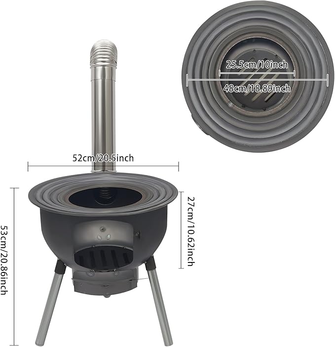 Wood Burning Stove with Grill Rack, Portable Camping Rocket Stove Chimney Charcoal Grill & 4 Wok Rings, for Outdoor Backyard Cooking, Picnic and Barbecue (Black, 20.5 in)