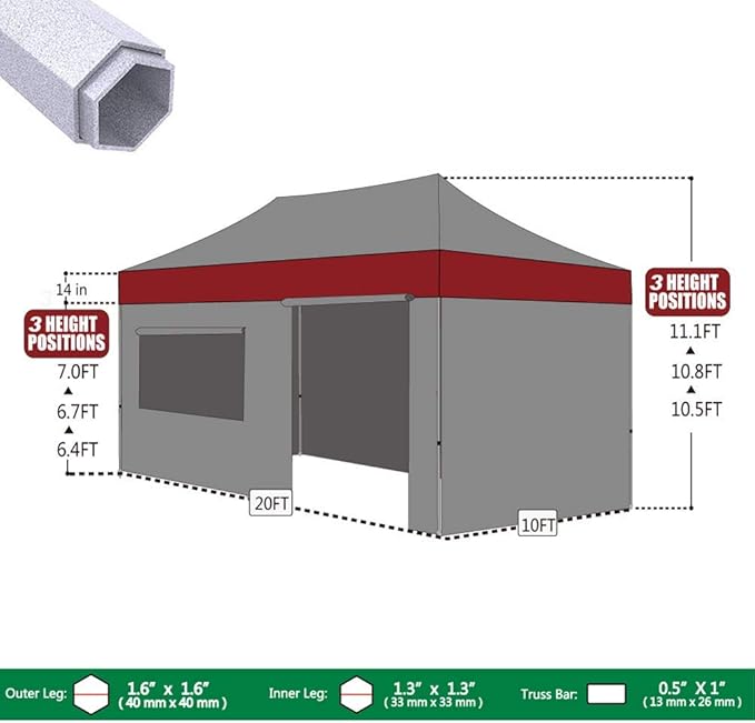 Eurmax USA Premium 10'x20' Pop-up Canopy Tent Party Tent Commercial Instant Canopies Shelter with Removable Sidewalls with Wheeled Carry Bag Bonus 6 Sand Bags(Red)