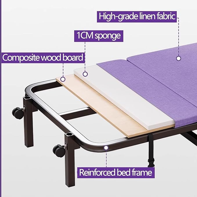Portable Folding Bed with Wheels, Guests Bed Supports 331 Lbs, Comfortable Camping Cot for Outdoor/Office/Home Nap, Purple
