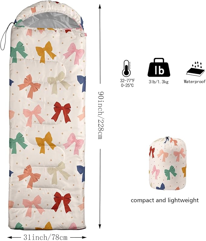 Colorful Bow Sleeping Bag, 3 Season Warm Cool Weather, Hand Drawn Bow Camping Sleeping Bag for Adult, Cute Bowknot Camping Backpacking for Outdoor Traveling Hiking Hunting Gear Equipment