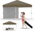 10x10 Instant Pop-Up Canopy with 1 Sidewall – Easy 1-Button Setup, Includes Roller Bag, 3 Height Settings & 4 Weight Bags – Perfect for Backyard, Beach, Sports & Parties,Tan