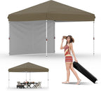 10x10 Instant Pop-Up Canopy with 1 Sidewall – Easy 1-Button Setup, Includes Roller Bag, 3 Height Settings & 4 Weight Bags – Perfect for Backyard, Beach, Sports & Parties,Tan