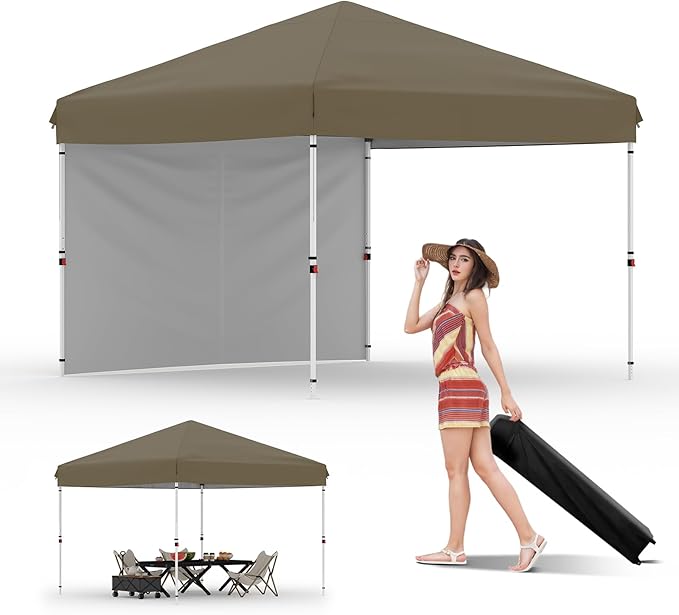 10x10 Instant Pop-Up Canopy with 1 Sidewall – Easy 1-Button Setup, Includes Roller Bag, 3 Height Settings & 4 Weight Bags – Perfect for Backyard, Beach, Sports & Parties,Tan
