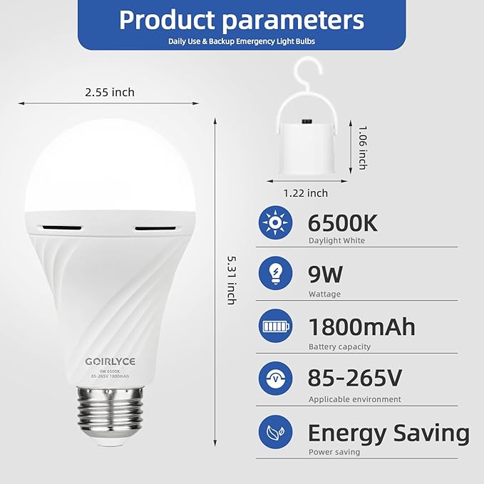 Rechargeable Emergency Light Bulbs, 4 Pack Battery Powered LED Light Bulb with 9W Daylight E27 6500K 1800mAh, Equivalent Self-Charging LED Light Bulbs for Home Power Outage Camping Hurricane Hiking