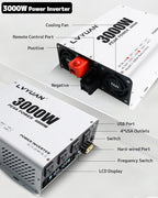 LVYUAN 3000 Watt Power Inverter 12V to 110V 120V DC to AC Converter with 4 AC Outlets, LCD Display, USB Charge Port, Remote Control for Home RV Vehicle Outdoor Camping Car Power Inverter