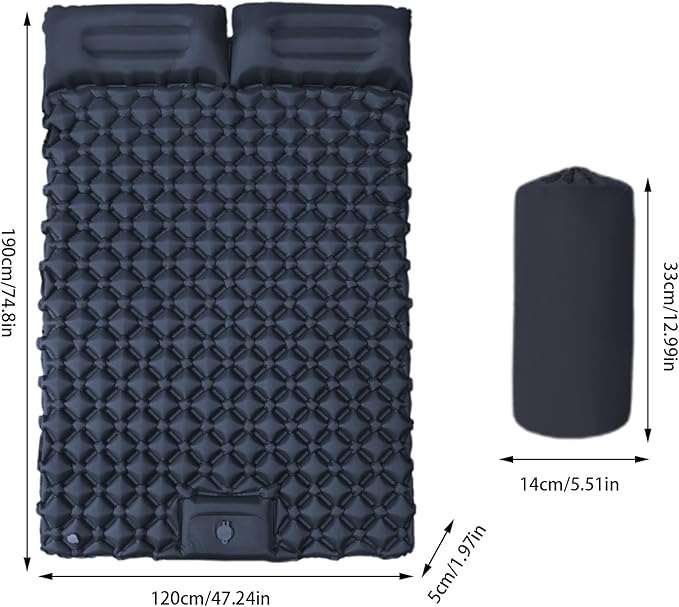 Inflatable Travel Mat with Built-in Pillow - Double Sleeping Pad, Compact Lightweight Gear for Camping Hiking Trekking Tent Backpacking Outdoor Adventures Rest Comfort Air Cushion