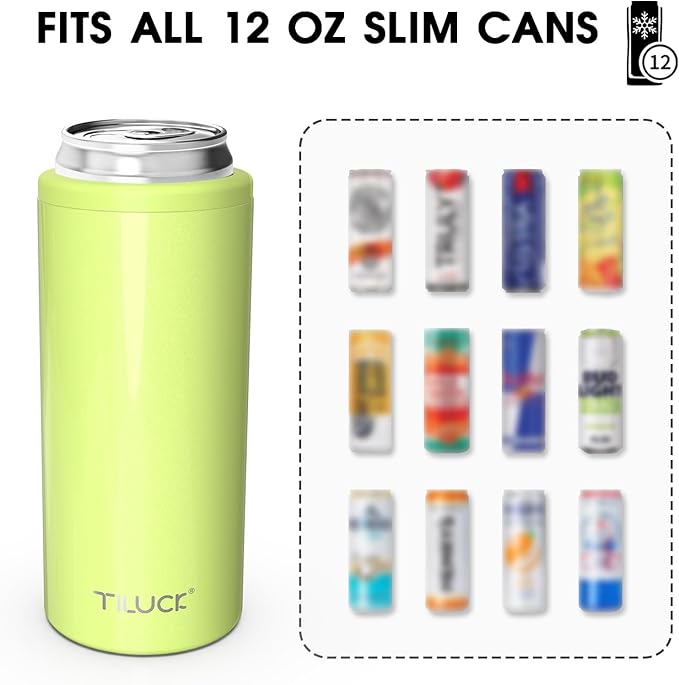 TILUCK Skinny Can Cooler for Slim Beer & Hard Seltzer, Stainless Steel, Doucle-Walled Stainless Steel Insulated Slim Cans, Standard 12 oz (Lime)