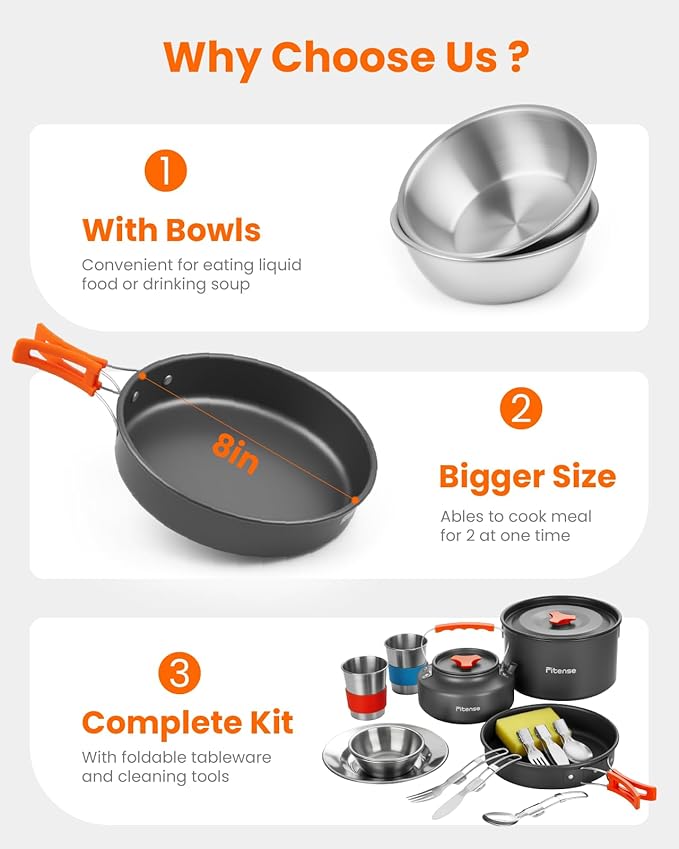 21Pcs Camping Cookware Mess Kit for 2, Lightweight Camping Kitchen Pots and Pans Set, Portable Cooking Essentials for Backpacking, Hiking and Picnic