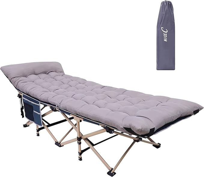 Nice C Camping Cots with Cushion, Camping Cots with Mattress, for Adults, Folding Cot, with Pillow, Carry Bag & Storage Pocket, Extra Wide Sturdy, Holds Up to 500 Lbs (1, Mattress Grey)