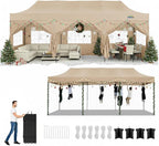 COBIZI 10x30 Pop up Canopy Heavy Duty with 8 Sidewalls,Easy Set-up Commercial Outdoor Party, Foldable UPF 50+ Waterproof Commercial Easy up Canopy with Wheeled Bag, Khaki