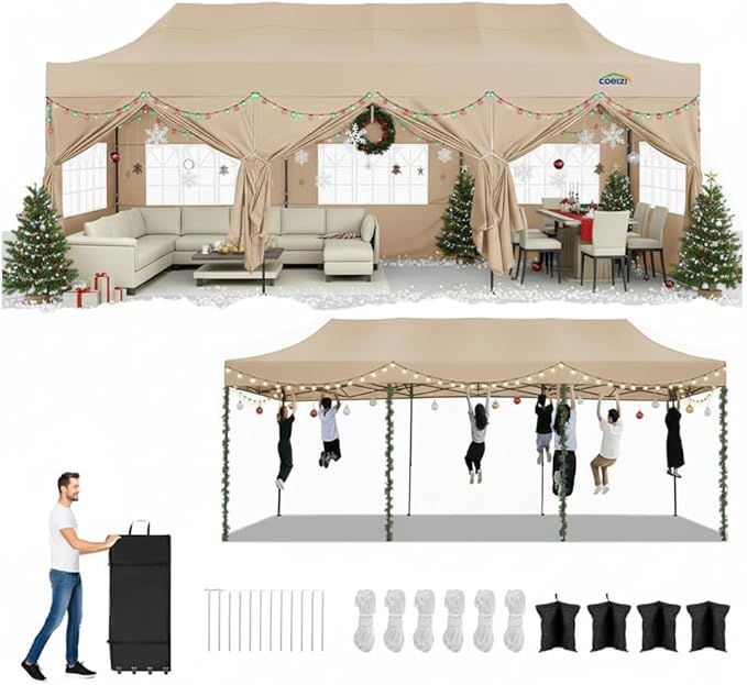 COBIZI 10x30 Pop up Canopy Heavy Duty with 8 Sidewalls,Easy Set-up Commercial Outdoor Party, Foldable UPF 50+ Waterproof Commercial Easy up Canopy with Wheeled Bag, Khaki