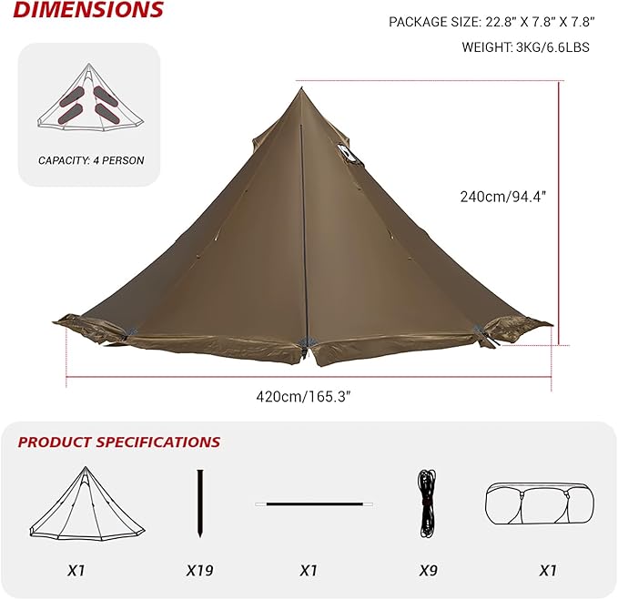 Tipi Tent Camping Hot Tent, Rheum Nobile Lightweight Teepee Waterproof with Stove Jack for 2-4 Person Hiking, Hunting, Backpacking