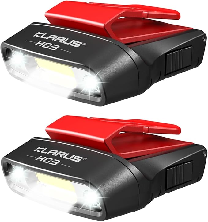 klarus HC3 2pcs Rechargeable Motion Sensor Cap Visor Light - 100 Lumens COB LED Clip on Hat Light - Headlamp Flashlight with Red Light for Fishing Running Camping Reading