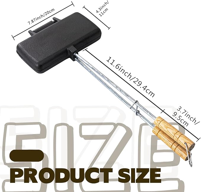 Double Cast Iron Pie Pan & Pie Iron Cooker, Pre-Seasoned Heavy-Duty Pie Irons for Camping, Cast Iron Camping Cookware and Campfire Cooking Equipment with Detachable Handles for Indoor/Outdoor Use