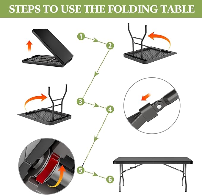 6ft Heavy-Duty Portable Outdoor Folding Table for 6 - Sturdy HDPE Top, 350lbs Capacity, Lockable Design, No Assembly - Camping Parties Picnics (Black)