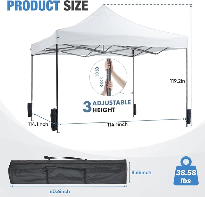 NEWBULIG 10x10 FT Pop Up Canopy Easy Up Tents for Camping Parties Events Beach Backyard Portable Outdoor Shelter Heavy Duty Instant Sun Shade with Sand Bags, White
