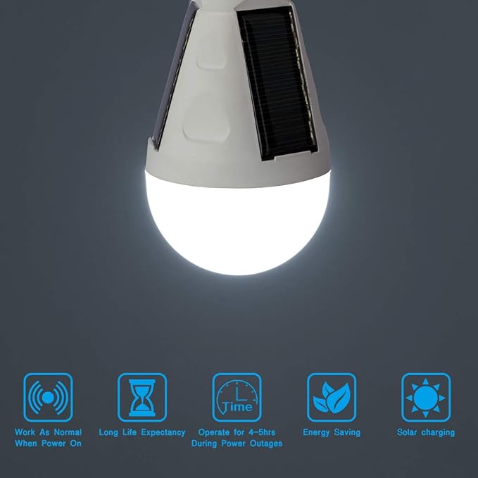 4 Pack LED Solar Emergency Light Bulbs for Home Power Failure, E26/E27 7W Rechargeable Battery Backup Bulb, Hurricane Supplies for Home, White Daylight 6000k Outdoor Hiking Camping Light