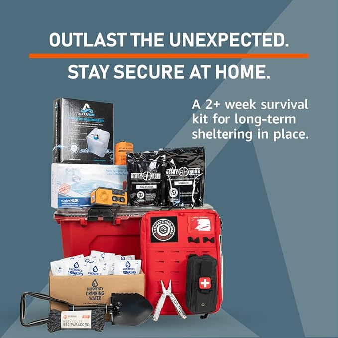 Shelter in Place Kit – 2+ Week Emergency Home Preparedness System with Food, Water, Medical, Power & Hygiene Supplies, Waterproof Tote, Disaster Readiness for Families & Households