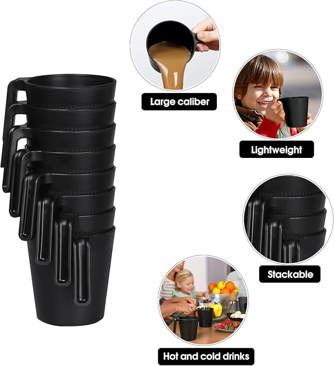 Ribbed Drinking Glasses Coffee Mugs Set of 8, Plastic Coffee Cups 16.9 OZ Unbreakable Tumblers with Handle, Reusable Drinking Cups for Camping/Dorm/RV