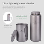 iBasingo 1050ml Titanium Bottle with 600ml Nesting Cup Outdoor Camping Single Layer Wide Mouth Cookware Lightweight Portable Bottle Mug Set Hiking Picnic Solo Cooking Mess Kit Ti3007D