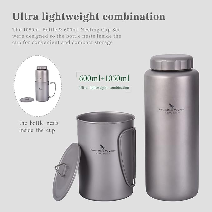 iBasingo 1050ml Titanium Bottle with 600ml Nesting Cup Outdoor Camping Single Layer Wide Mouth Cookware Lightweight Portable Bottle Mug Set Hiking Picnic Solo Cooking Mess Kit Ti3007D
