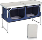 VINGLI 4 Ft Folding Table, Aluminum Camping Table, Picnic Table with Storage, Adjustable Height for Outdoor Beach BBQ Backyards Travel Party (White ＆ Blue)