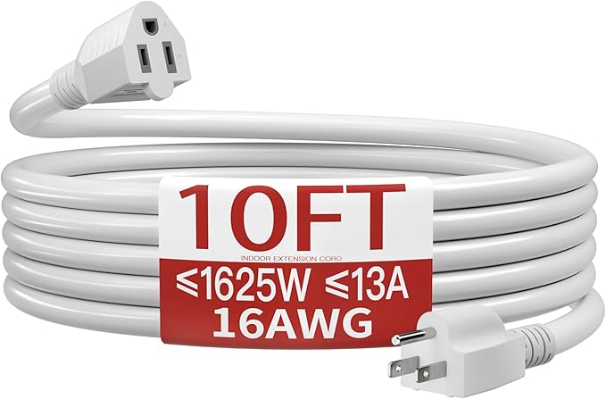 16/3 Short Extension Cord 10 FT, White Extension Cord Flexible & Durable, Indoor 3 Prong Power Cable, Suitable for Home and Office, 13 Amp 1625 Watt 125VAC 16AWG, ETL Listed