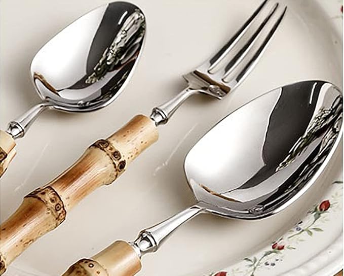 Bamboo Silverware Set for 6, Natural Flatware Cutlery Set Tableware Utensil Set Knives Forks Spoons, Dinnerware Sets for Christmas Party Kitchen Wedding Gifts 30-piece