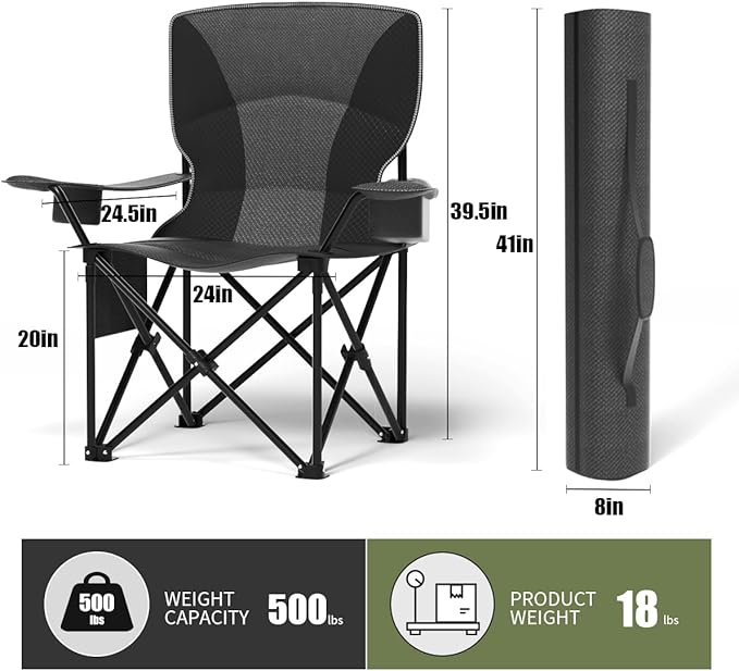 Heavy Duty Folding Chair 500LB Capacity, Oversized Camping Chairs with Cup Holder, Cooler Bag & Storage Pouch, Double-Layer Fabric, Outdoor Chairs for Sports, Lawn Chairs (1, Black Grey, Oversized)