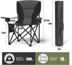 Heavy Duty Folding Chair 500LB Capacity, Oversized Camping Chairs with Cup Holder, Cooler Bag & Storage Pouch, Double-Layer Fabric, Outdoor Chairs for Sports, Lawn Chairs (1, Black Grey, Oversized)