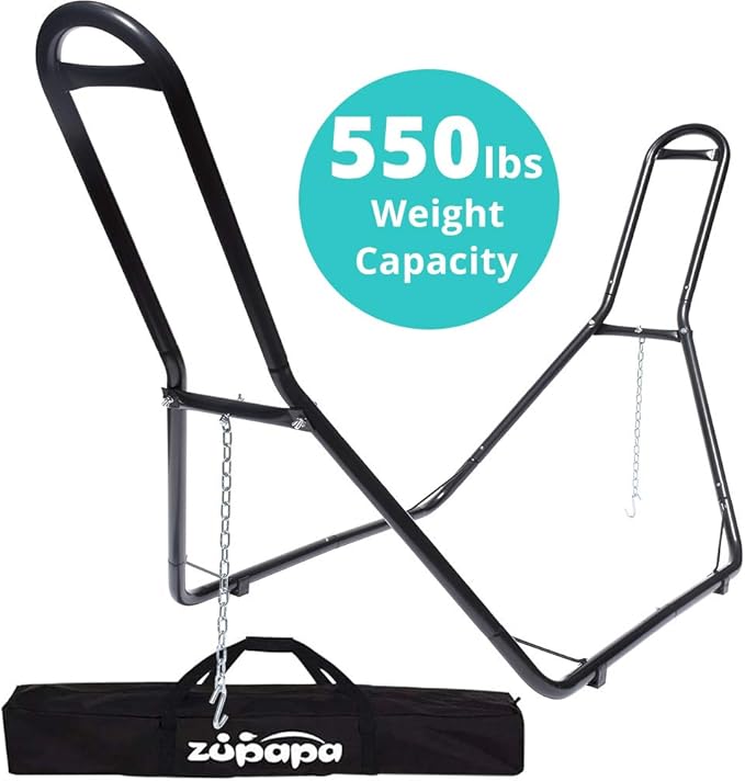 Zupapa Hammock Stand Fit for 9-14 Feet Hammock, 2 Person Heavy Duty 550 LBS Capacity with 2 Steel Chains 1 Carry Bag, Outdoor Indoor Use Steel Hammock Frame Black