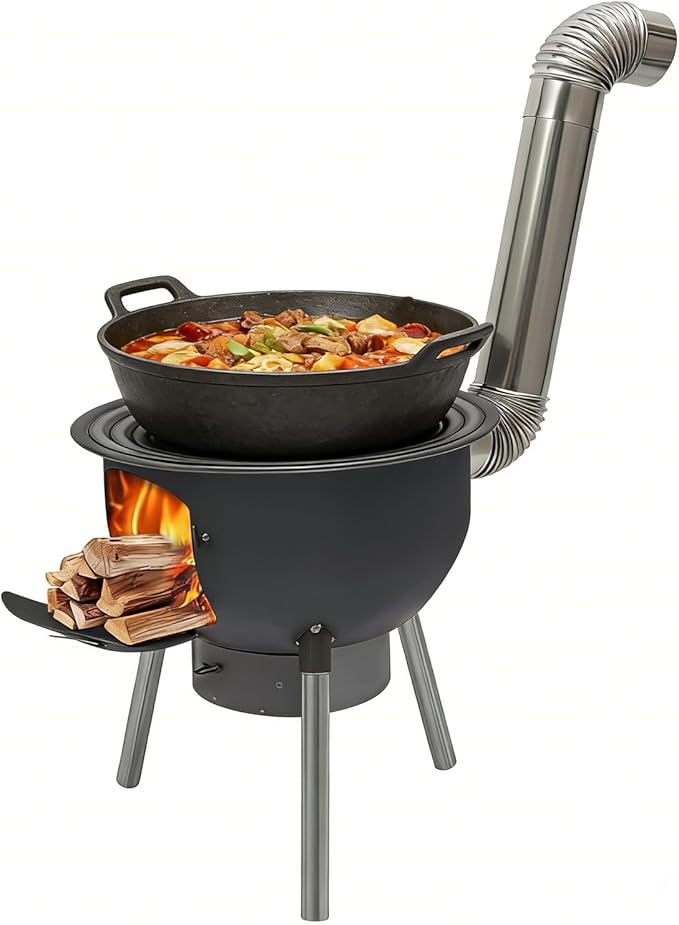 Wood Burning Stove Portable Camping Rocket Stove for Outdoor Cooking Removable Iron Firewood Stove with Grill Rack Charcoal Grill Tent Stoves for Backpacking Hiking (21 in-4 Wok Rings)