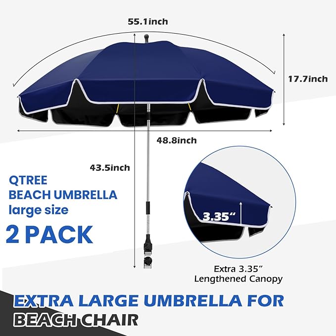 2PACK 48.8 inch Large Beach Umbrella with Clamp Sun Shade for Beach Chair,360°Adjustable UV Protection Golf Umbrella with Clip for Outdoor Stroller Wheelchair Camping Chair