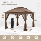 COOS BAY Pop up Gazebo 11x11, Instant Canopy Tent with Mesh Netting, Patio Gazebo with 121 Square Feet of Shade, 4 Weight Bags Included, Brown