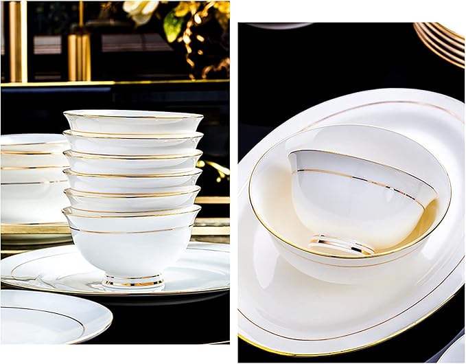 56 Pieces Dinner Set, White Porcelain Bone China Combi-Set Tableware Set with Cereal Bowl Bowls Dessert Plates Soup Plates Dinner Plates with Gold Rim Service for 10 People