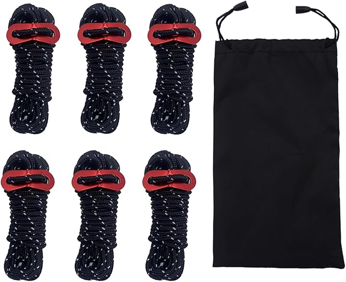 6 Pack Reflective Guyline Tent Rope with Aluminum Adjuster, Tent Kit for Camping Tent & Hiking Accessories - 4mm Thick and 4 Metre Length