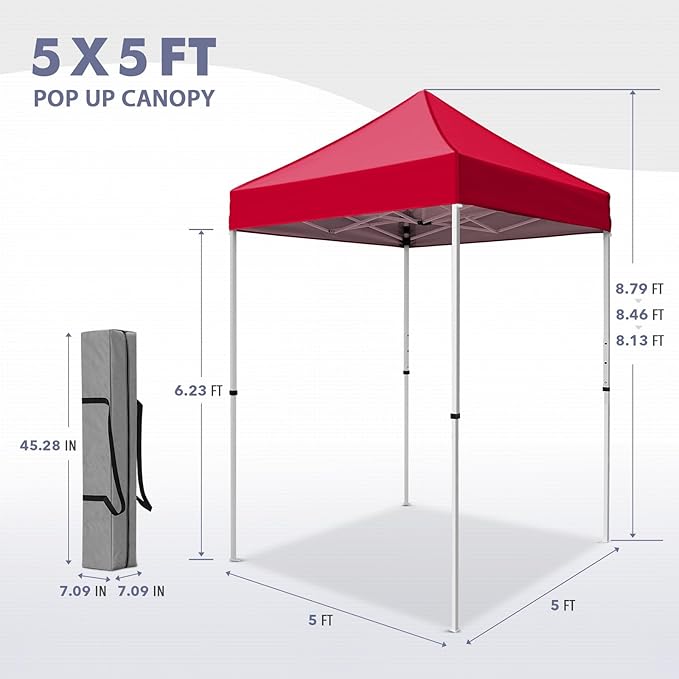 5x5 Pop Up Canopy Tent, Instant Portable Beach Canopy, Outdoor Tent with Carry Bag for Camping, Sports, Tailgating, Events, Red