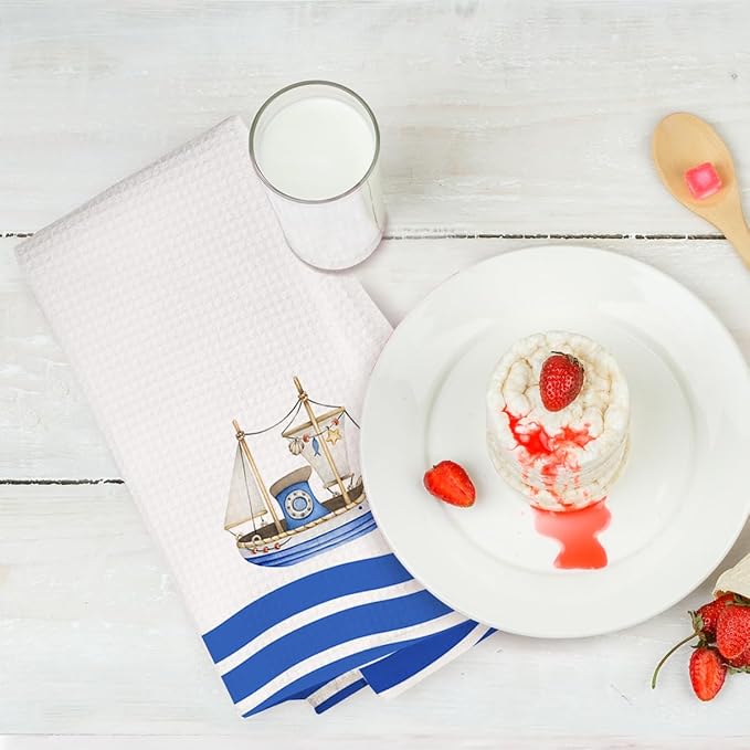 4Pcs Nautical Kitchen Towels 24x14 Inch, Navy Blue Waffle Weave Hand Towels for Kitchen Home Bathroom, Absorbent Microfiber Dish Cloth Tea Towel, Housewarming Gifts for Women Mom Friends