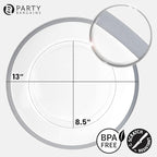 PARTY BARGAINS 13-Inch Charger Plates - 4 Pack, Clear Silver Rim, Heavy-Duty Disposable Chargers for Elegant Dining - Ideal for Weddings and Formal Events