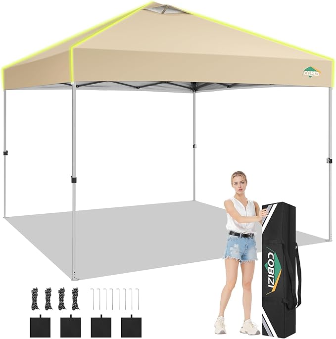 COBIZI 10x10 Pop Up Canopy Tent, Outdoor Party Tent Without Sidewall One Push Setup Glow, 3 Adjustable Height Air Vent Waterproof UPF50+, Bag, 4 Sandbag, 8 Stake, 4 Rope for Beach, Commercial