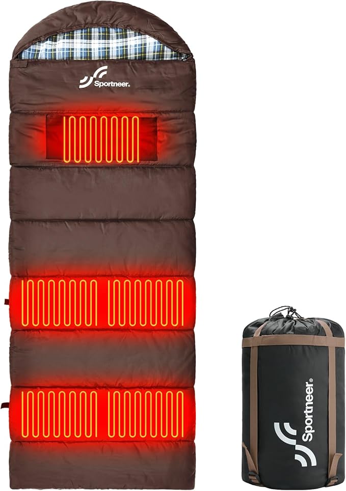 Sportneer Heated Sleeping Bag with 5 Heating Zones, Warm Flannel Cold Weather Sleeping Bag for Adults, 3 Heat Levels USB Powered (Power Bank Not Included), Winter Camping & Outdoor Hiking