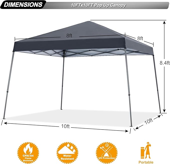ABCCANOPY Stable Pop up Outdoor Canopy Tent 10 x 10 ft Base / 8 x 8 ft Top, Deep Gray