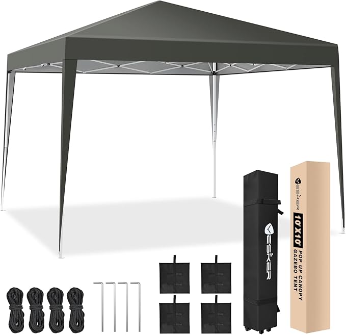 Yesker 10x10 Pop Up Canopy Tent UPF 50+ Waterproof Outdoor Canopy Portable Folding Easy Setup Gazebo Adjustable Height Instant Sun Shade Tent with Wheeled Bag for Events Parties Camping Patio, Gray