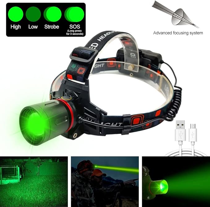 Green LED Headlamp Rechargeable Super Bright Hunting Headlamps Waterproof Headlamp Flashlight Zoomable 3 Modes Headlight for Hunting Fishing Running