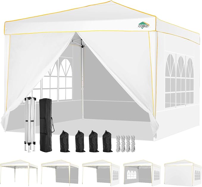 COBIZI 10x10 Pop up Canopy, Canopy Tent 10x10 Gazebos, Ez up for Parties Beach Camping Party Event Shelter Sun Shade with 4 Sidewalls & Carry Bag 4 Stakes & Ropes & Sandbags, White