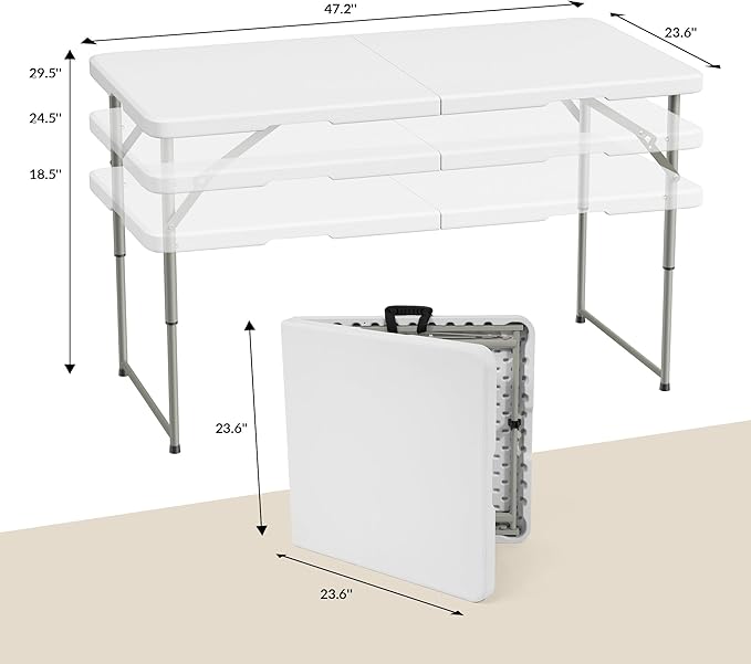 Simple Deluxe Foldable Table - Heavy Duty Portable Plastic Top & Steel Legs, Built-in Handle for Indoor Outdoor Party, Camping, Adjustable Height (22"/30"/36"), White 4FT
