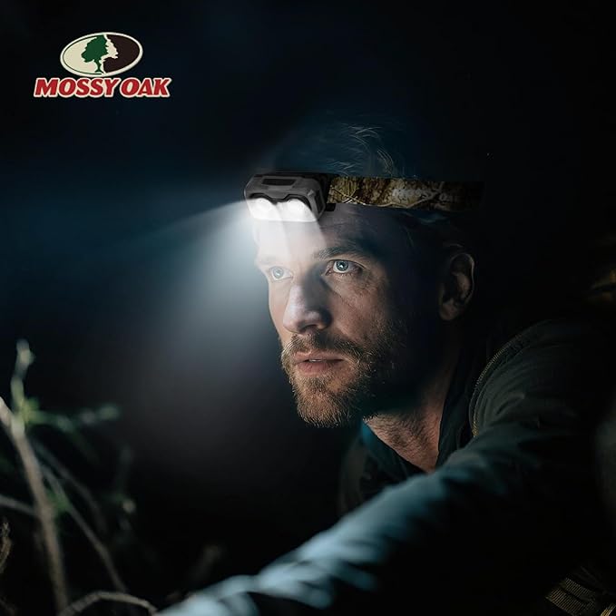 Mossy Oak 600 Lumens Rechargeable Headlamp, Lightweight LED Headlight with White & Red Light, Waterproof Head Lamp with Non-Slip Band, Dimmable & Memory Function for Camping, Hunting, Valentine's Day