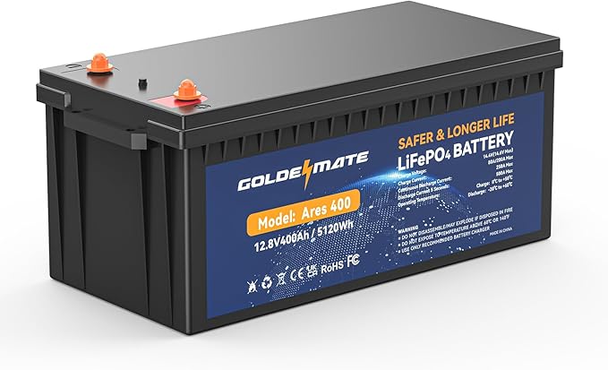 GOLDENMATE 12V 400Ah LiFePO4 Lithium Battery, 5000+ Deep Cycles with 10-Year Lifespan, 5120Wh Power, Built-in BMS, Ideal for RV, Solar System, Marine, Trolling Motor, Golf Cart, Off-Grid Applications